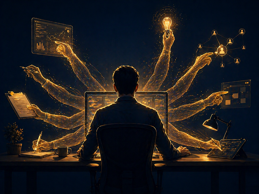 Senior practitioner directing AI tools, with the AI extending what the person can do rather than replacing them