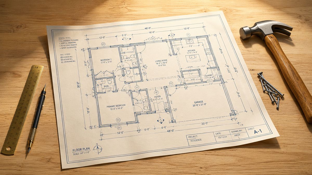 An architect's blueprint laid flat with drafting tools and a carpenter's hammer waiting beside it