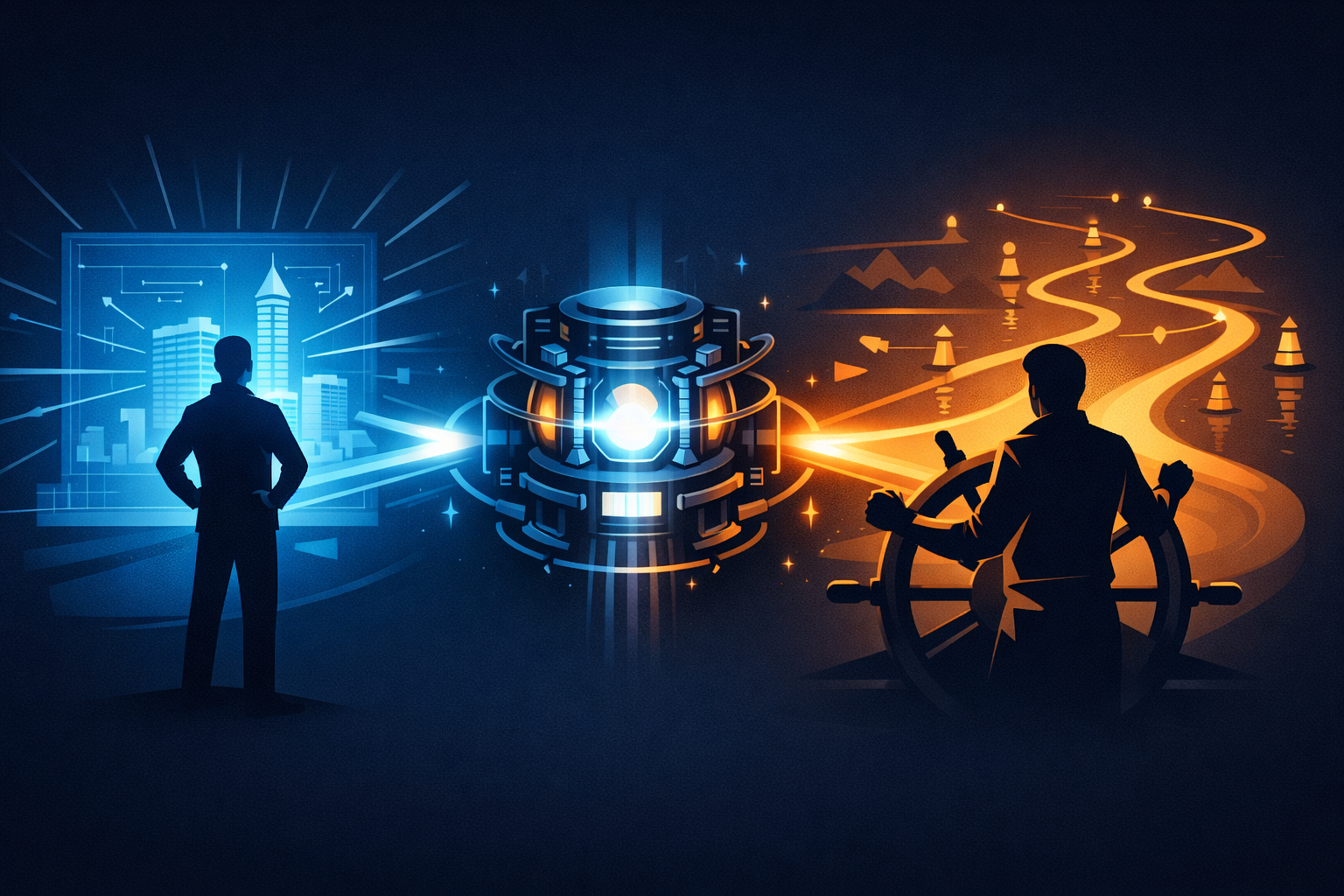 The Architect sets direction and vision, the Navigator steers through execution, and AI serves as the engine between them