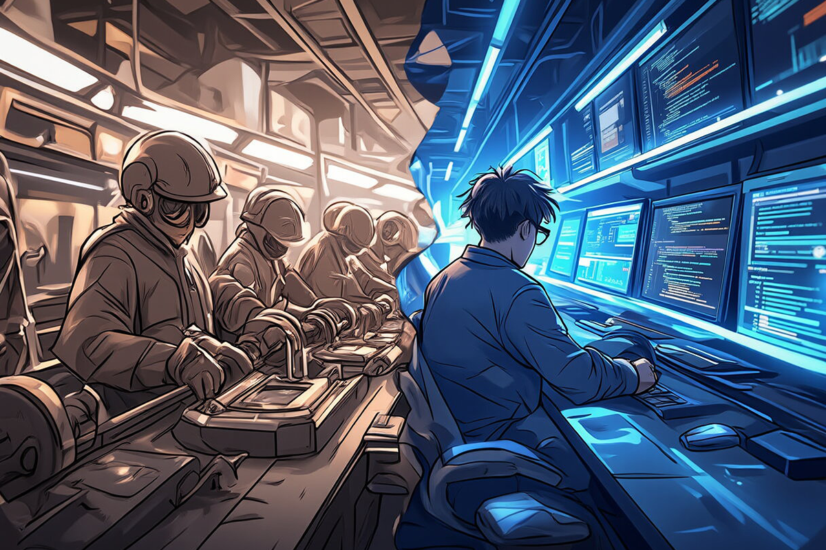 Split comparison: vintage Ford assembly line workers on left, modern developer with system architecture on right