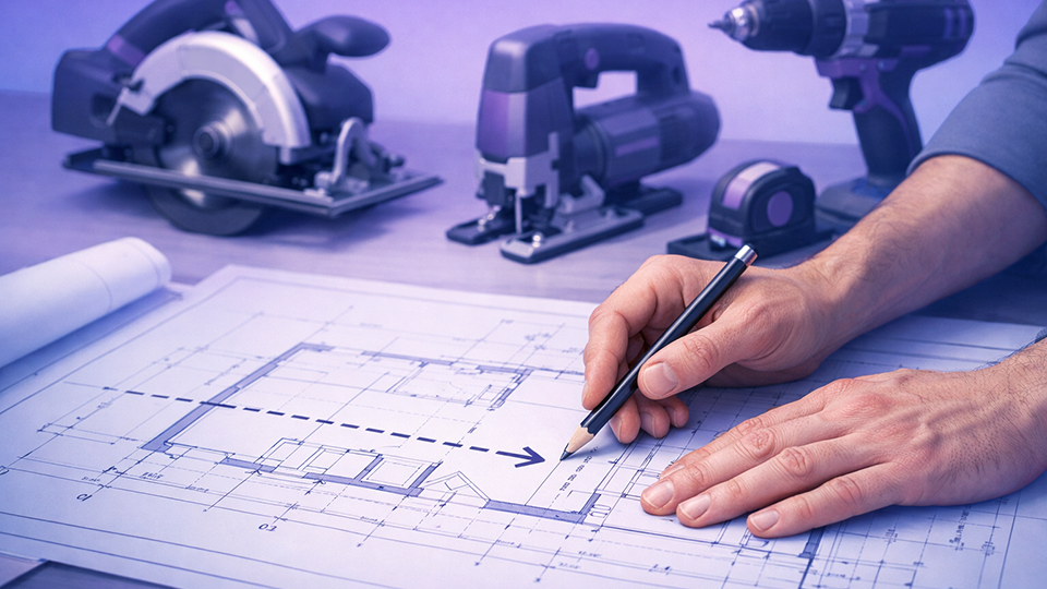 Architect's hands on blueprint showing where to cut, power tools ready