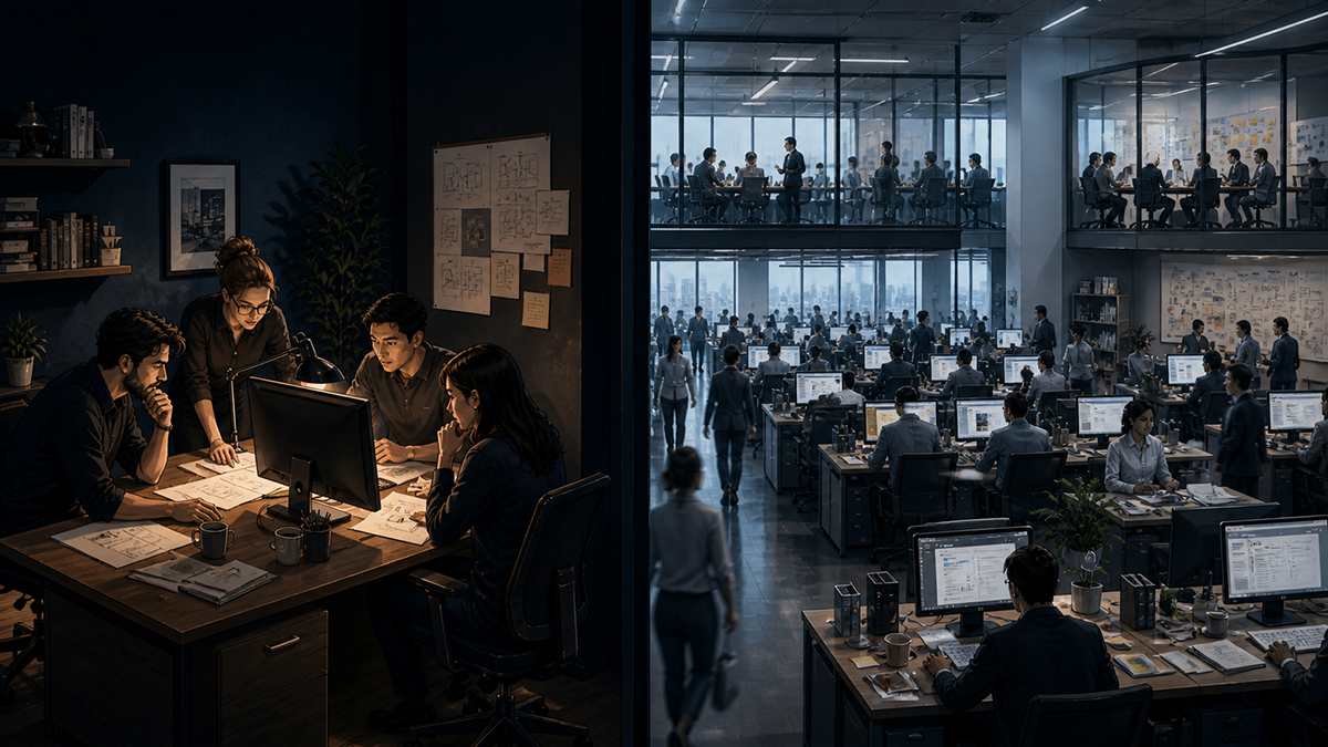 Two contrasting scenes: a small focused team versus a bloated open-plan office