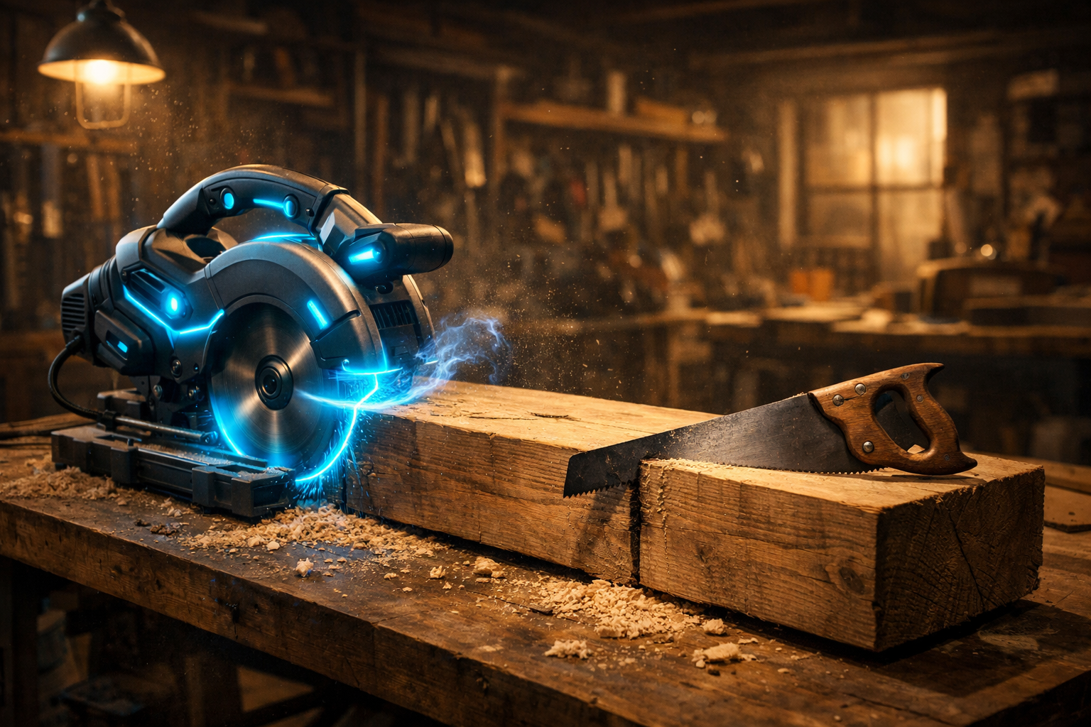 A power saw cuts a quarter of the way through wood then a hand saw finishes the rest — representing how veterans underuse AI