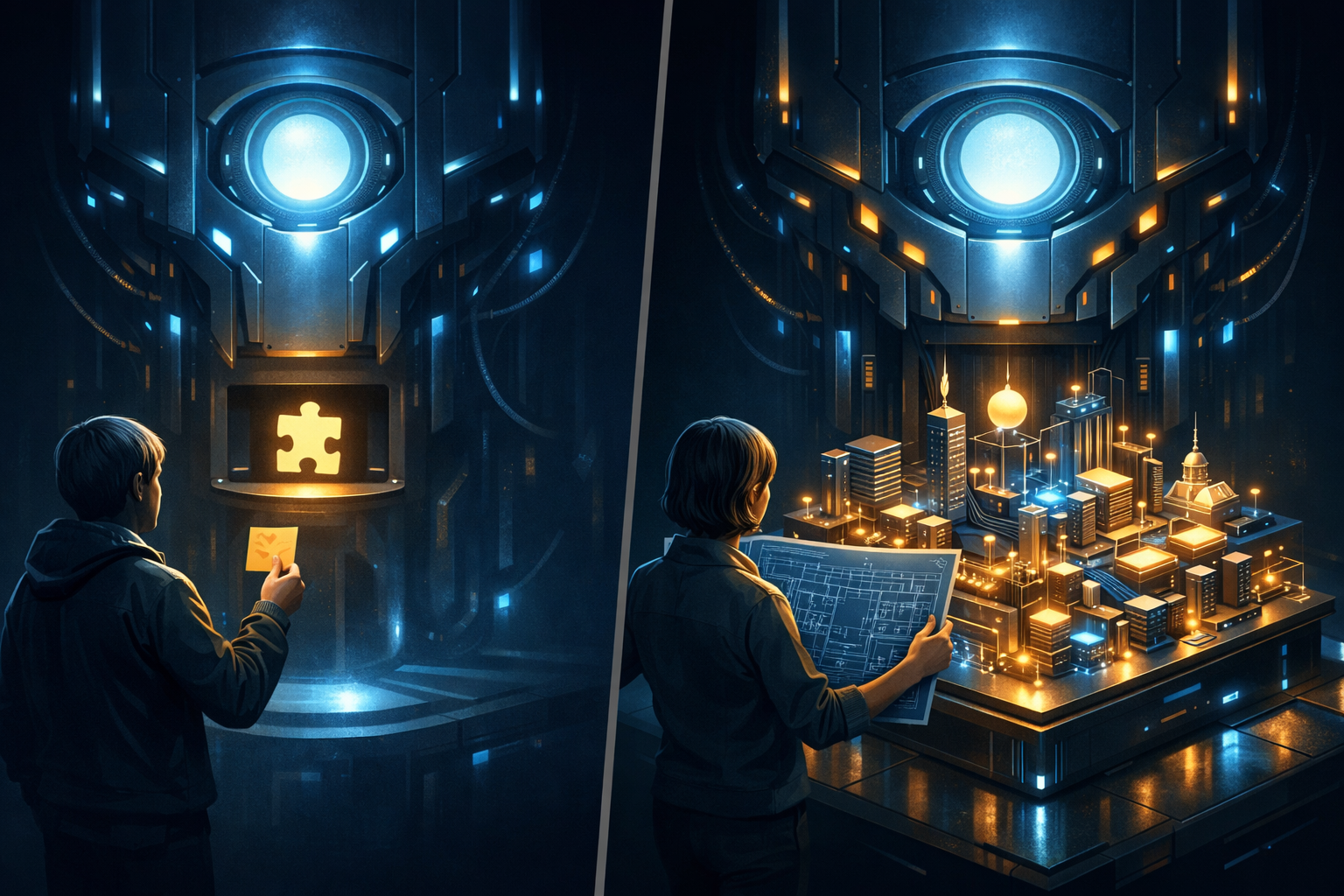 Comparison showing shallow snippet-based AI use producing fragments versus full-context collaboration producing complete systems