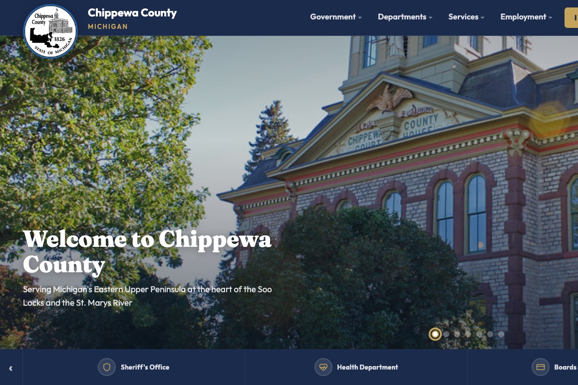 Chippewa County live website homepage with the historic county courthouse